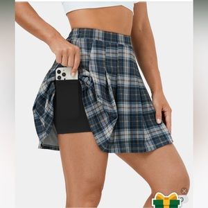 High Waisted 2-in-1 Side Pocket Plaid Pleated Mini Casual Skirt